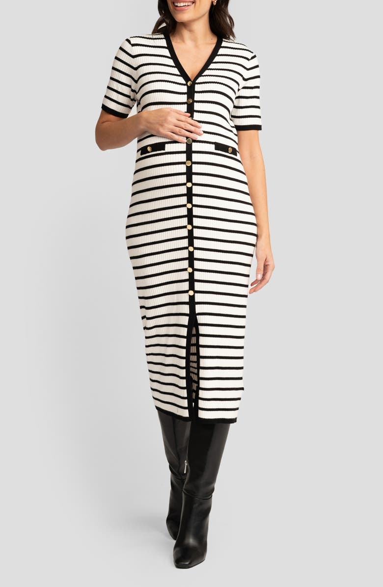 Seraphine Stripe Rib Button-Up Maternity/Nursing Midi Dress, Main, color,