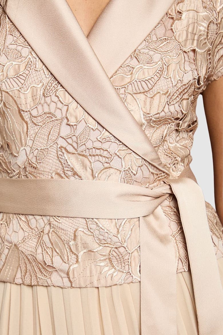 Lace Wrap Top Pleat Tux Midi Dress, Alternate, color, Champagne