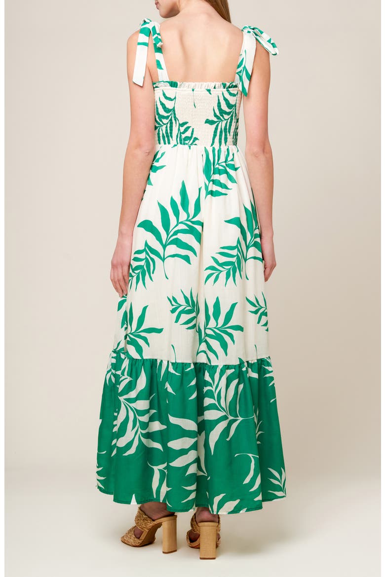 Leaf Print Tie Strap Tiered Maxi Dress, Alternate, color, IVORY GREEN