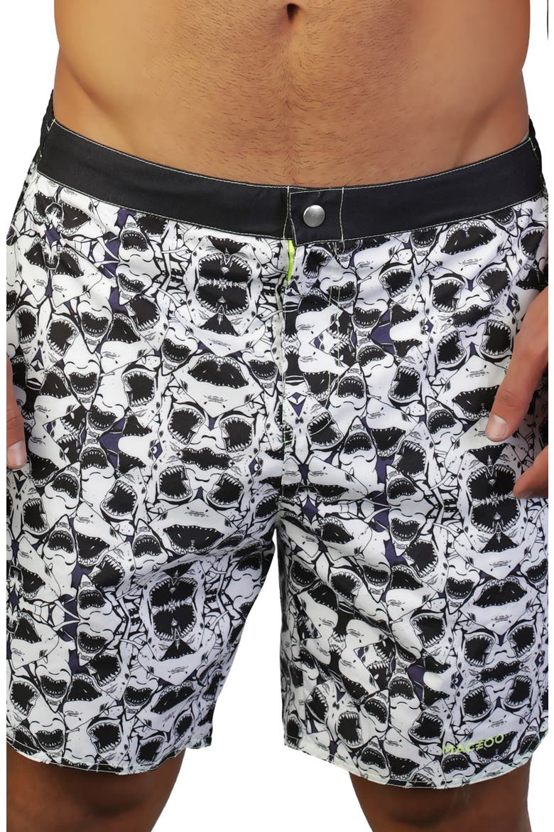 Swim Lion Shark Print Swim Trunks, Main, color, WHITEDNU
