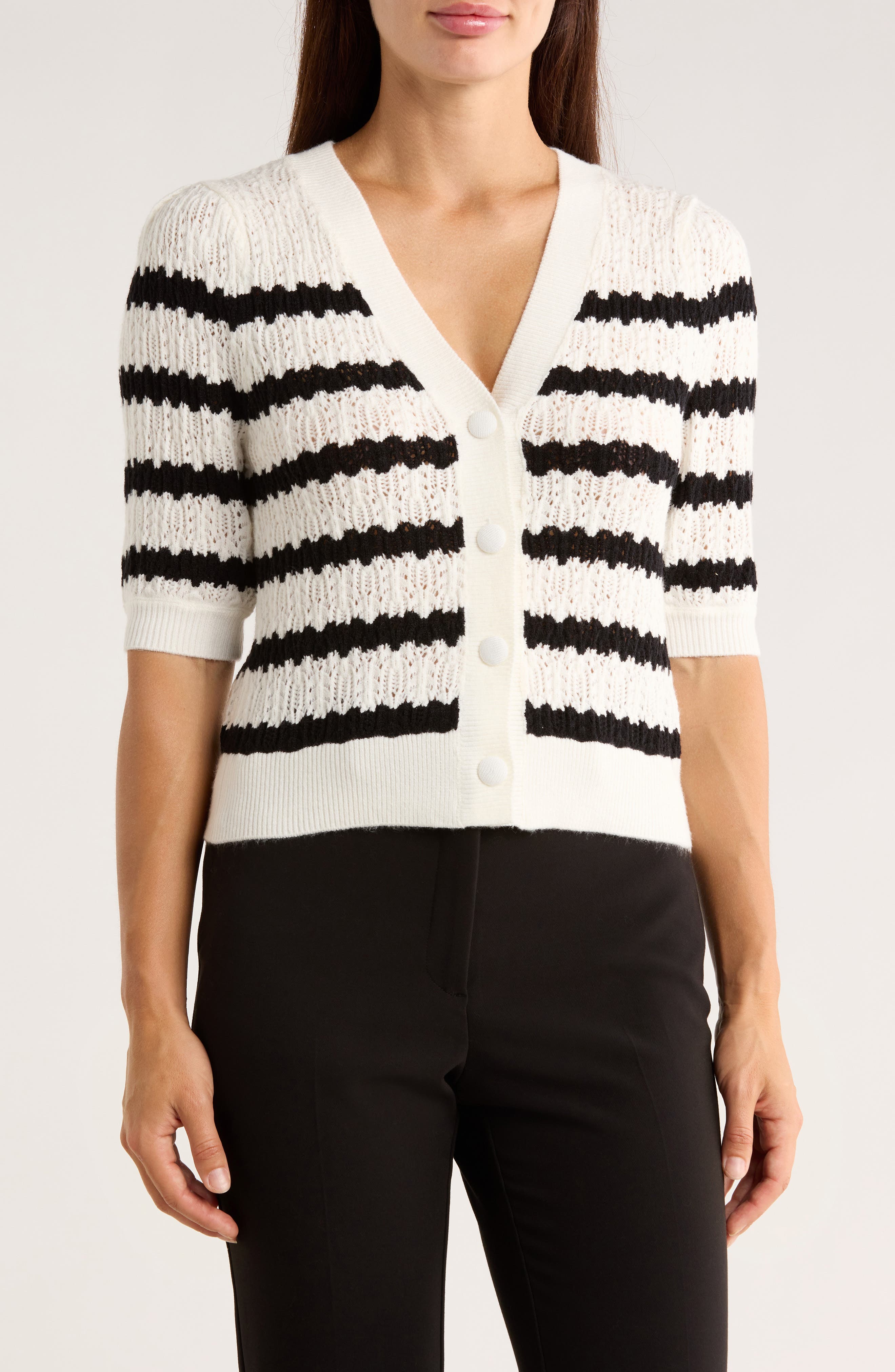 Ellen Tracy Stripe Short Sleeve Pointelle Cardigan