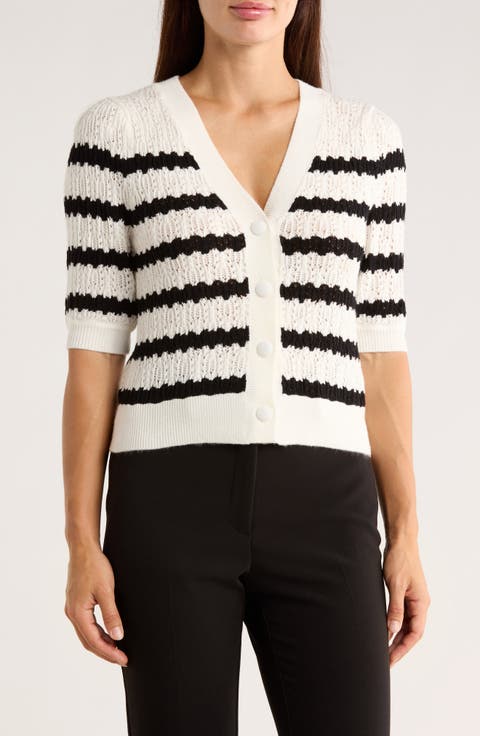 Stripe Short Sleeve Pointelle Cardigan