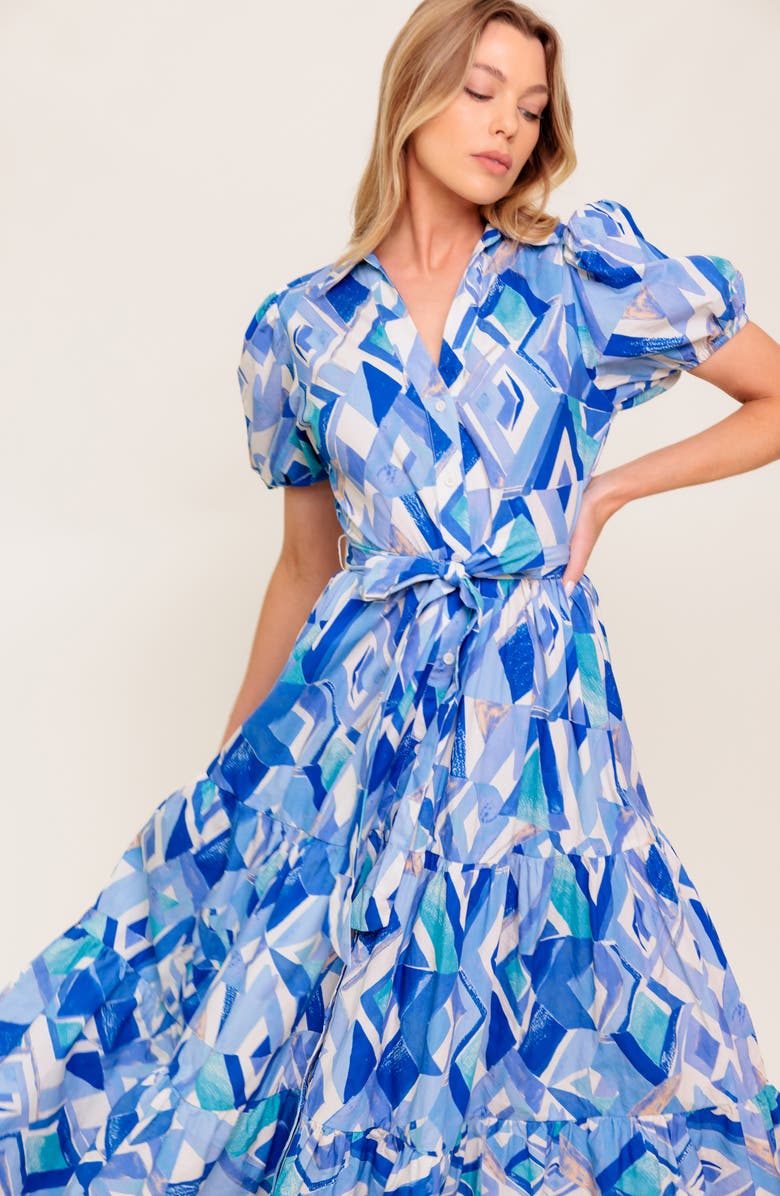 FLYING TOMATO Puff Sleeve Print Shirtdress, Alternate, color, Ivory Blue