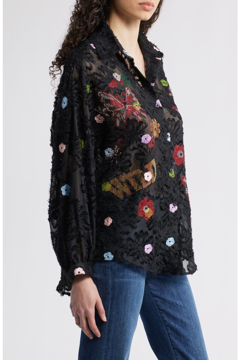 Emma Embellished Semisheer Button-Up Shirt, Alternate, color, BLACK