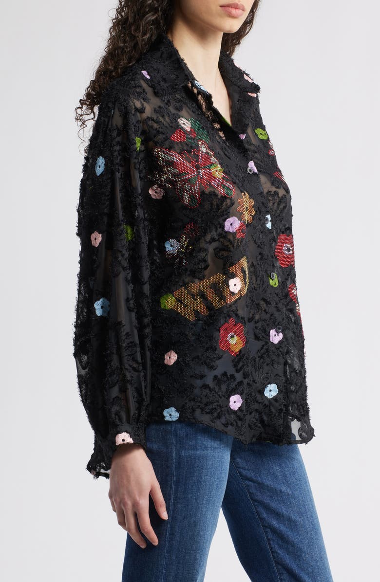 NIKKI LUND Emma Embellished Semisheer Button-Up Shirt, Alternate, color, Black