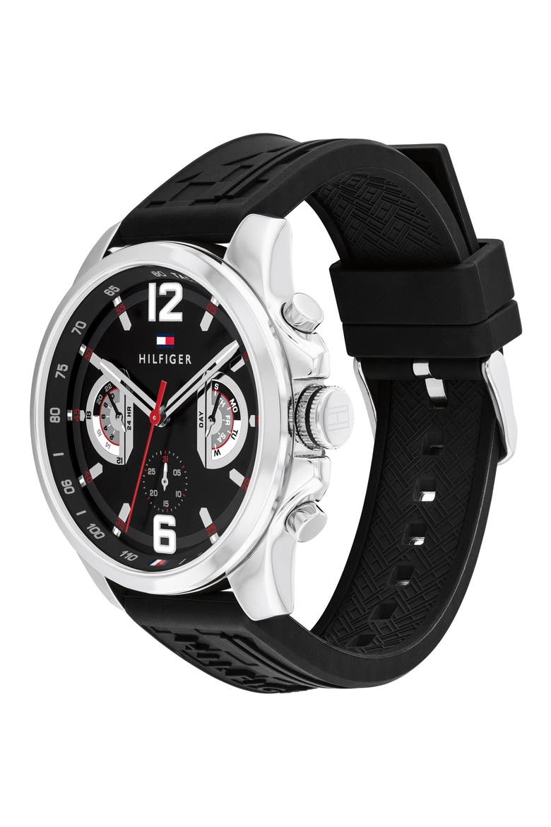 Tucker Chronograph Silicone Strap Watch, 46mm, Alternate, color, BLACK