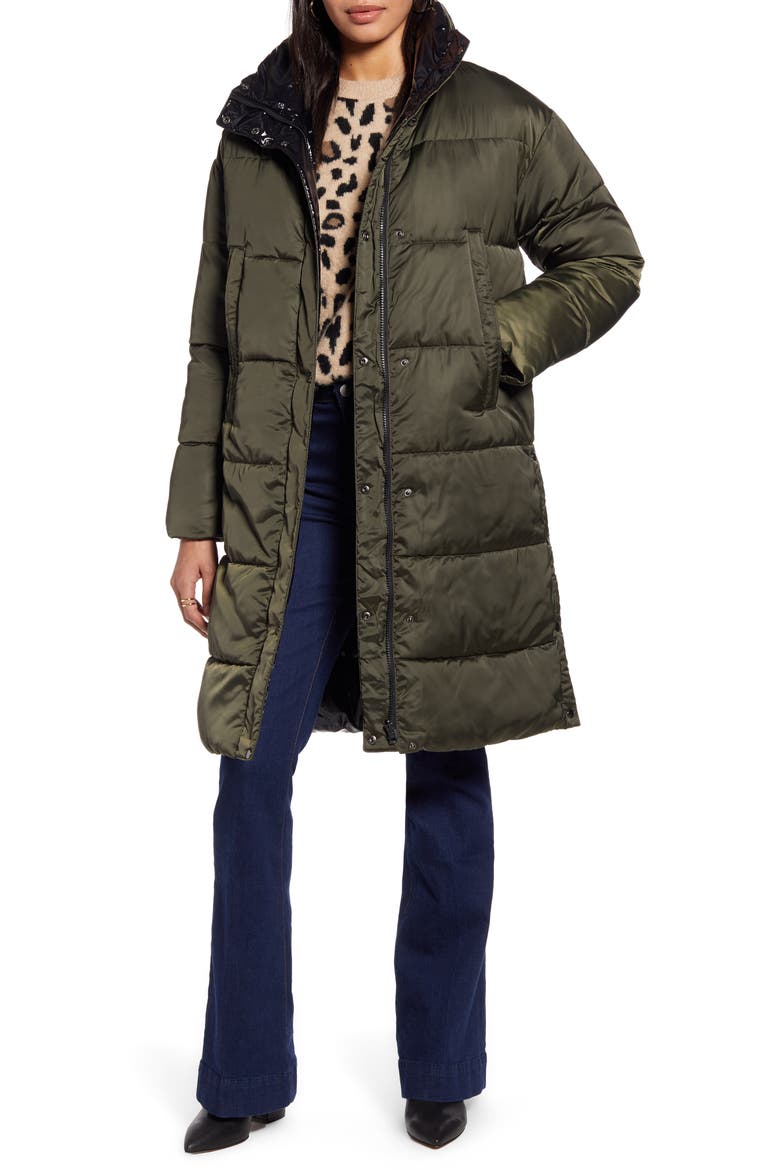 Reversible Puffer Coat, Main, color, OLIVE- BLACK SHINE