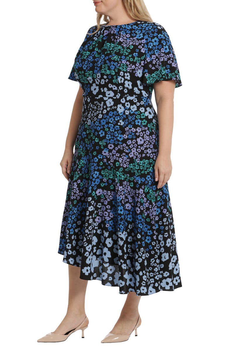 Maggy London Print Flutter Sleeve Asymmetric Midi Dress, Alternate, color, Black/Blue