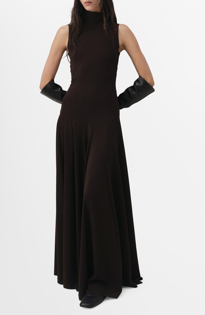 MANGO Selection Godet Sleeveless Maxi Dress, Main, color, Brown