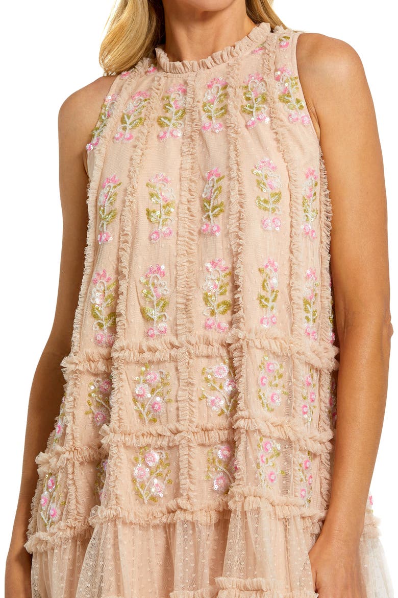 Sleeveless High Neck Beaded Ruffle Trapeze Dress, Alternate, color, PINK MULTI