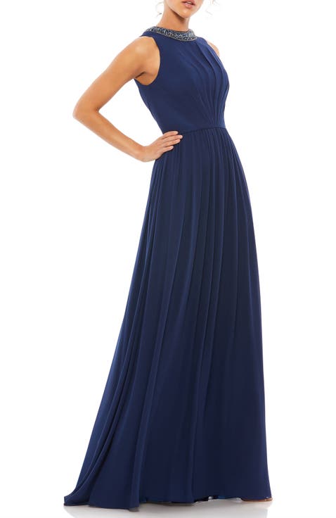 Bejeweled Neckline Pleated Chiffon Gown