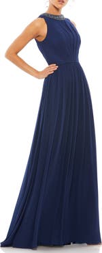 Mac Duggal Bejeweled Neckline Pleated Chiffon Gown