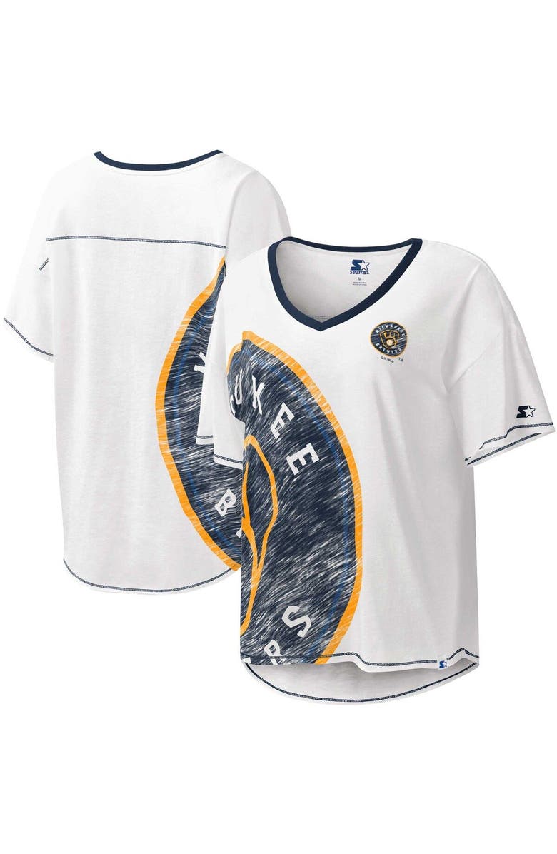 STARTER Women's Starter White Milwaukee Brewers Perfect Game V-Neck T-Shirt, Main, color, White