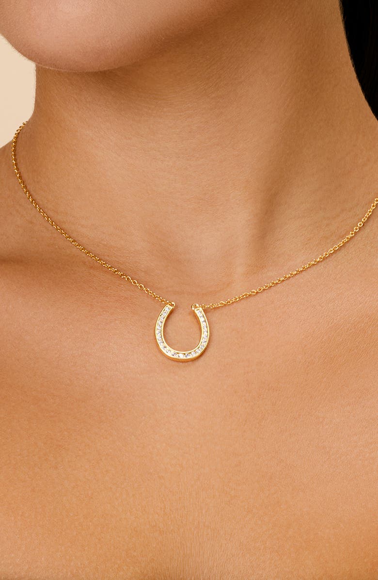Sterling Forever CZ Horseshoe Pendant Necklace, Alternate, color, Gold