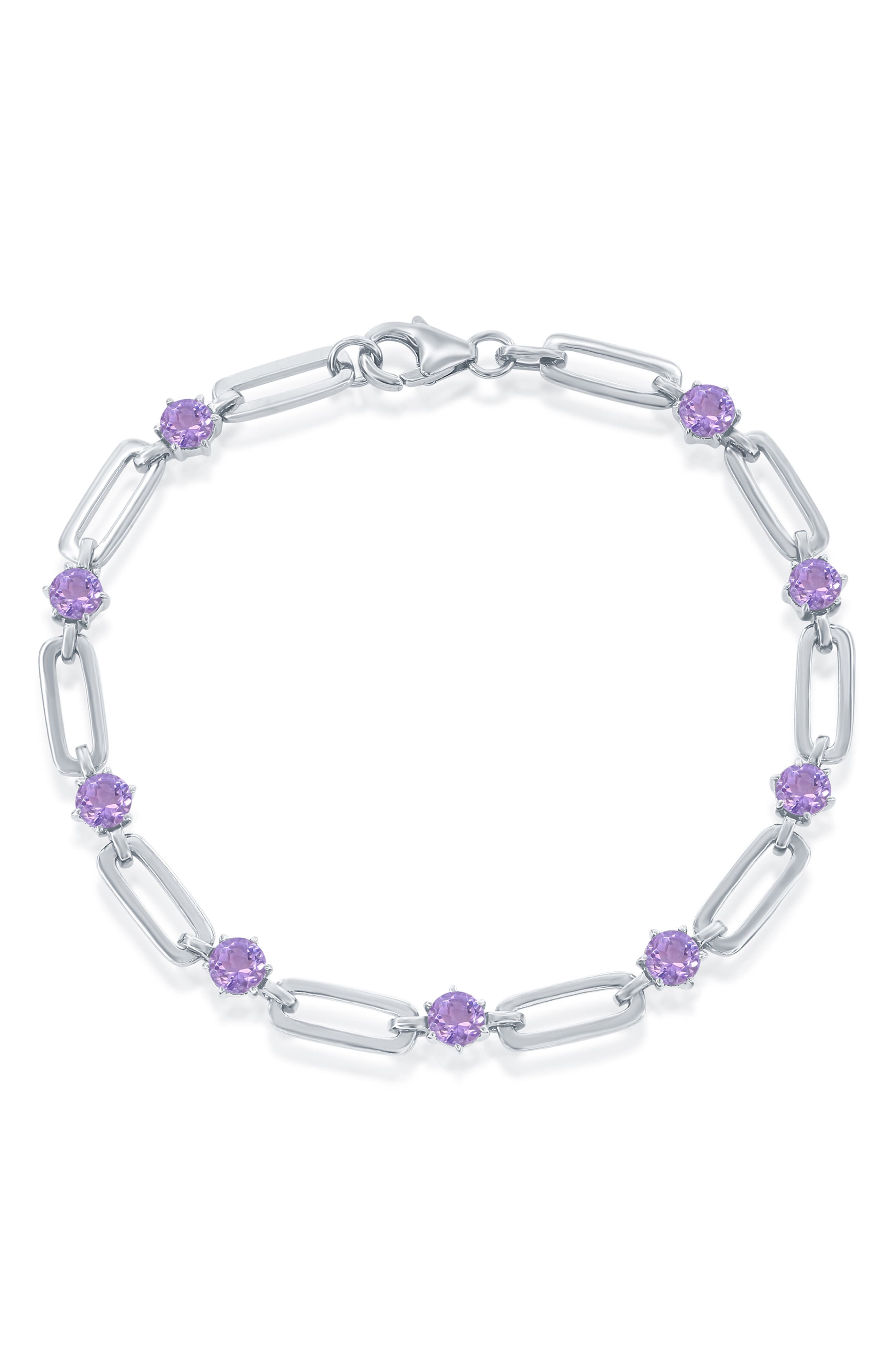 SIMONA Sterling Silver Paperclip Link & Amethyst Bracelet