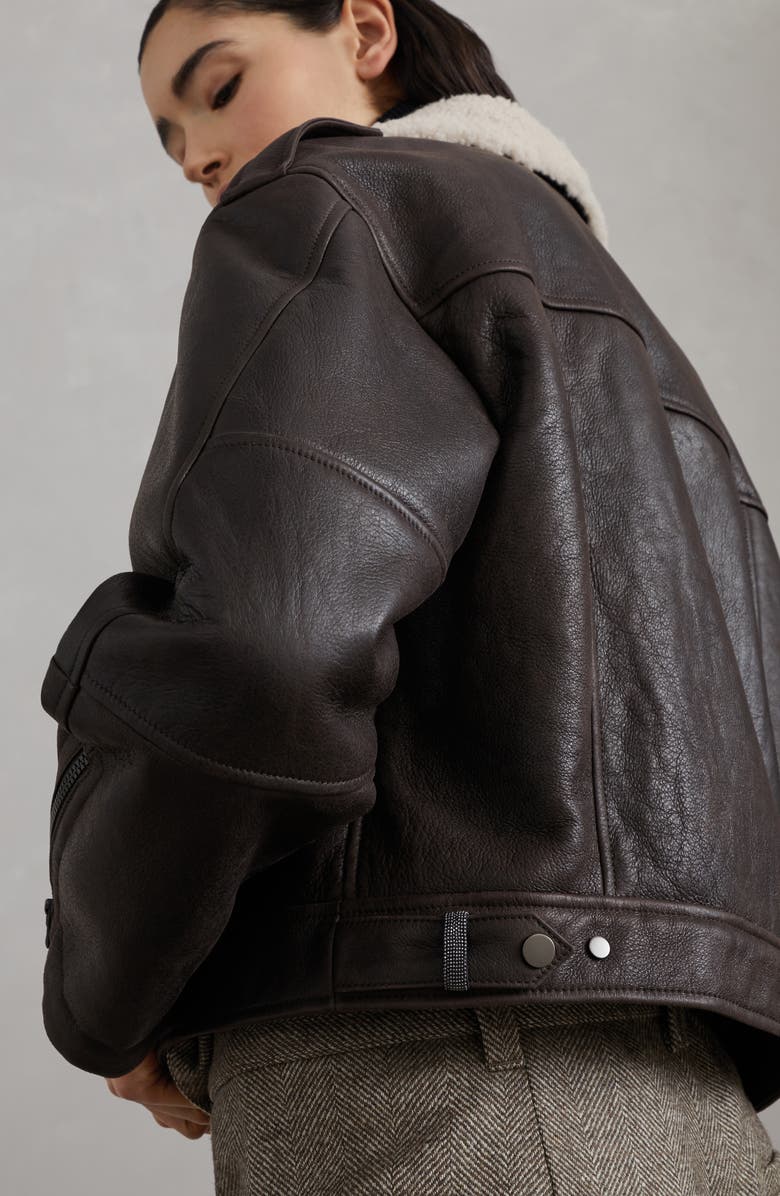 Brunello Cucinelli Waxed shearling biker jacket, Alternate, color, 