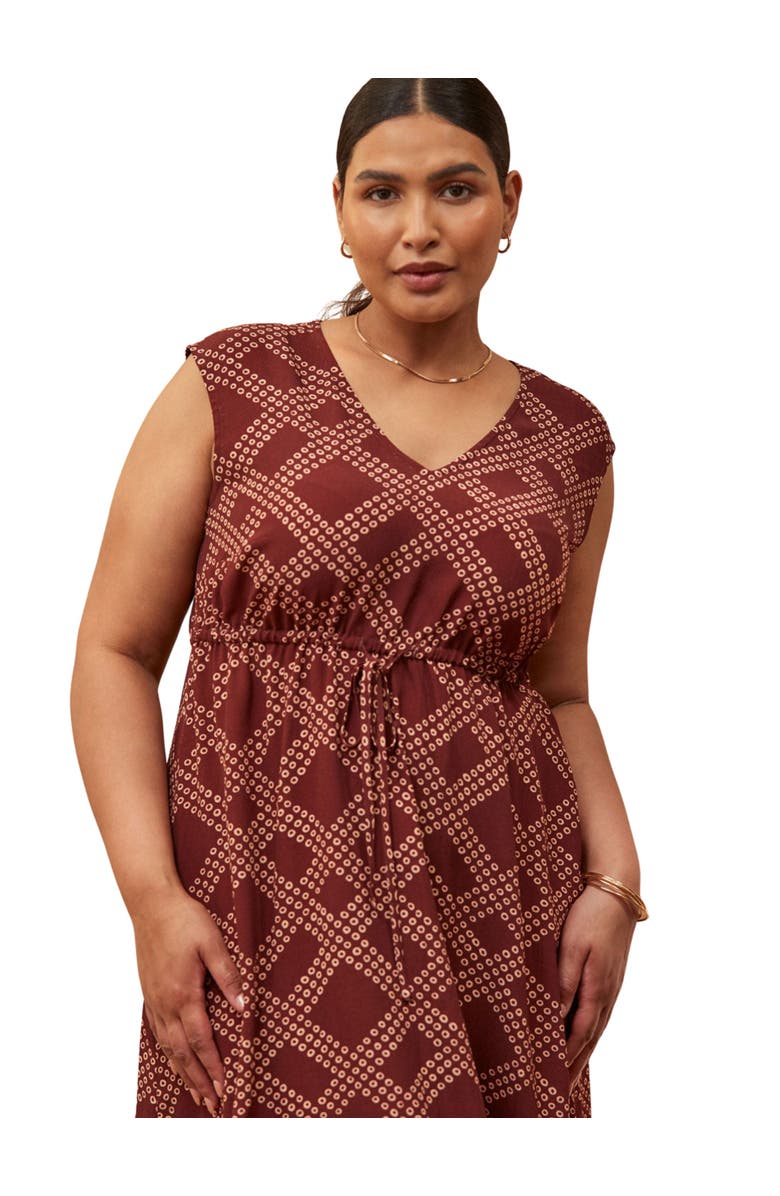 Live Unlimited Geo Print V-Neck Hanky Hem Dress, Alternate, color, Brown