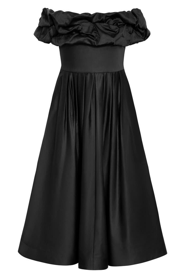 London Off the Shoulder Satin Midi Dress, Alternate, color, BLACK