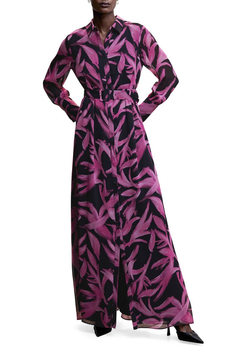 Long Sleeve Leaf Print Dress, Main, color, PURPLE/ BLACK