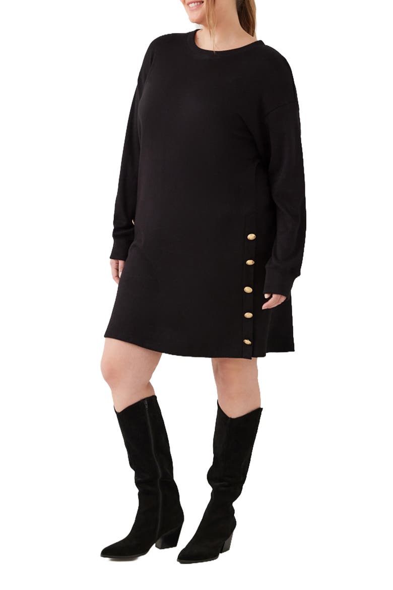 Crewneck Button Detail Shift Dress, Alternate, color, BLACK