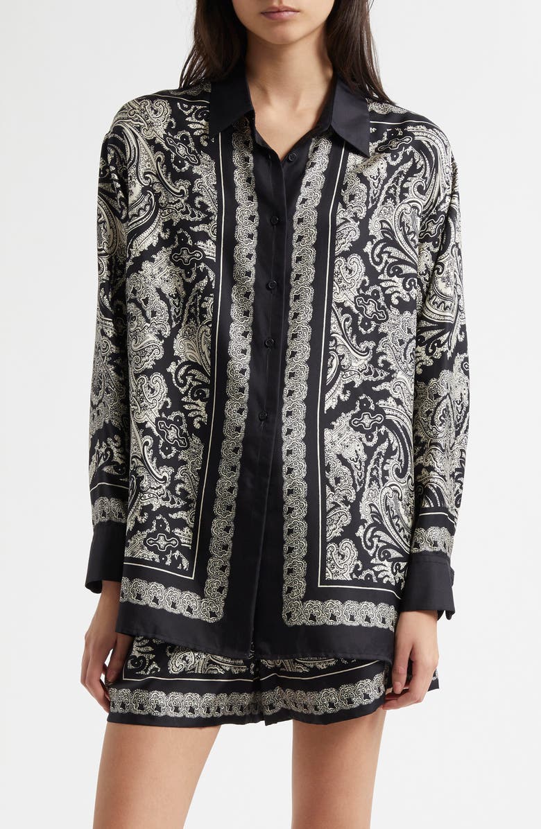 Nili Lotan Alfie Print Silk Shirt, Main, color, Black/ Ivory Paisley Scarf