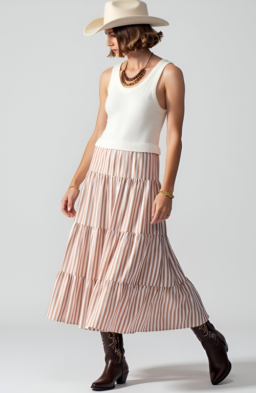 Modenaire Striped Tiered A-line Maxi Skirt With Elastic Waist And Soft Drape In Brown