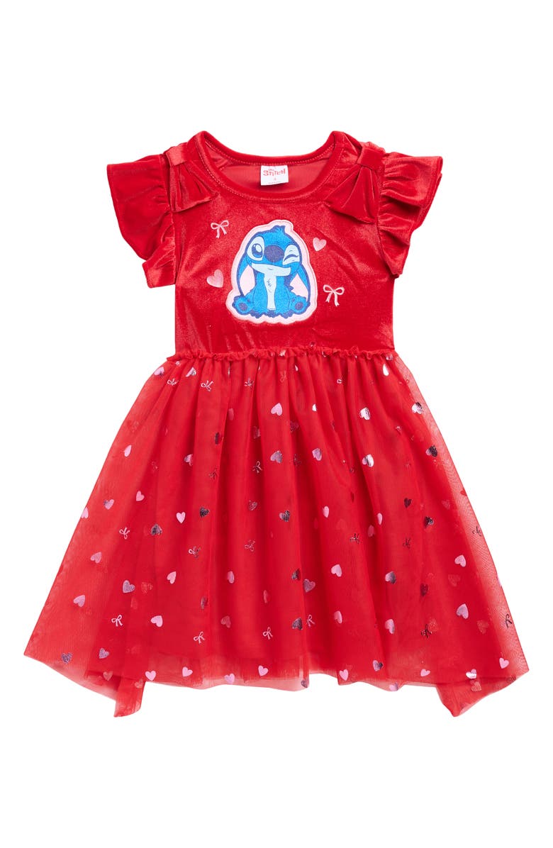 Happy Threads x Disney<sup>®</sup> Kids' Stitch Velour Tutu Dress, Main, color, Red