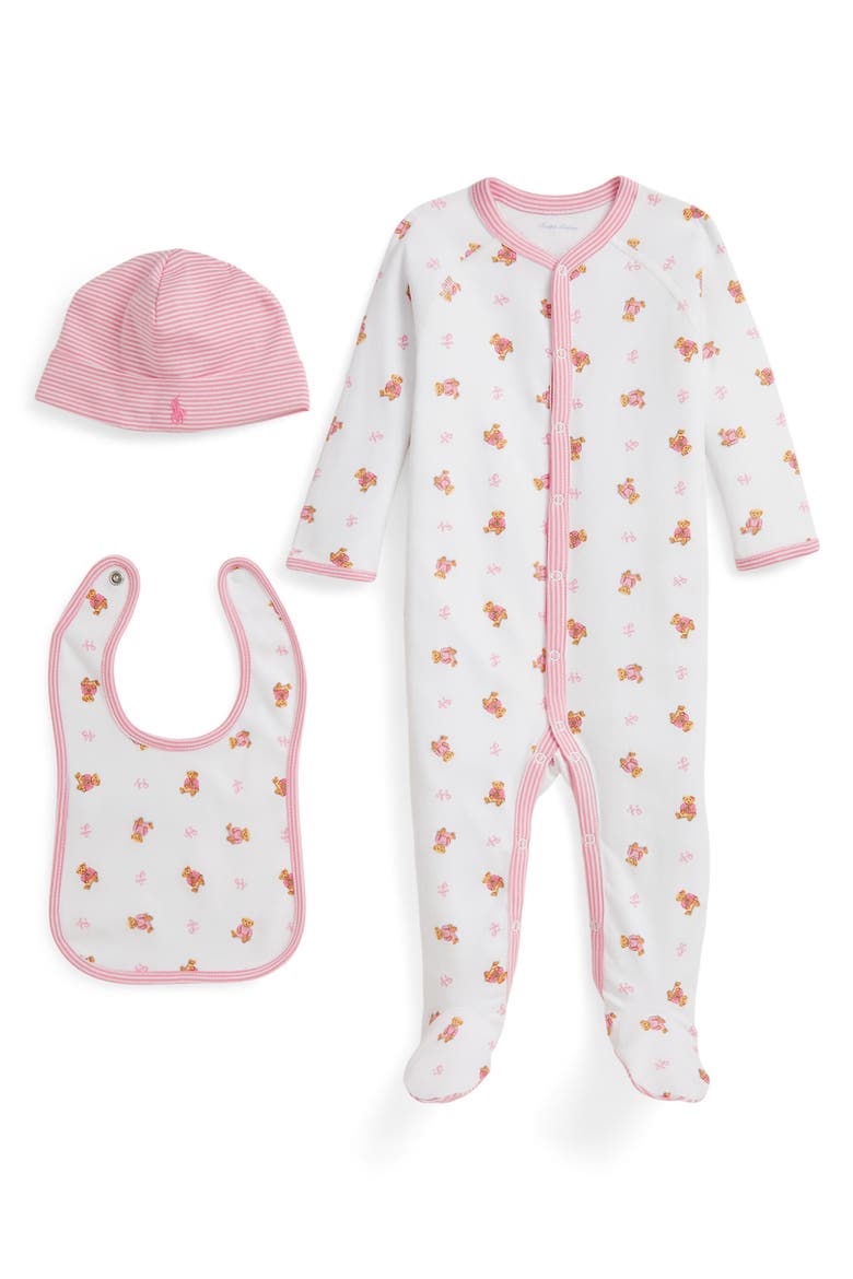 Cotton Interlock Footie, Bib & Hat Set, Main, color, WHITE PINK MULTI