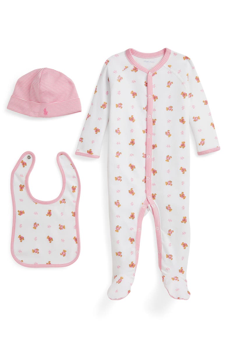 Ralph Lauren Cotton Interlock Footie, Bib & Hat Set, Main, color, White Pink Multi