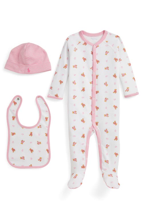 Ralph Lauren Cotton Interlock Footie, Bib & Hat Set In Multi
