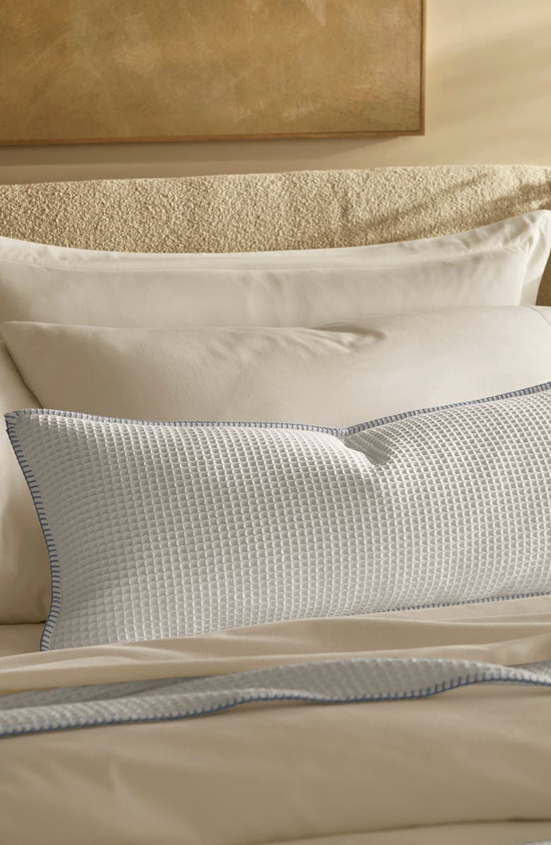 Boll & Branch Blanket Stitch Organic Cotton Waffle Weave Pillow Cover, Alternate, color, White/ Hydrangea