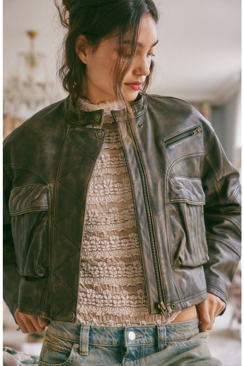 Adrienne Leather Bomber Jacket, Alternate, color, BROWNIE