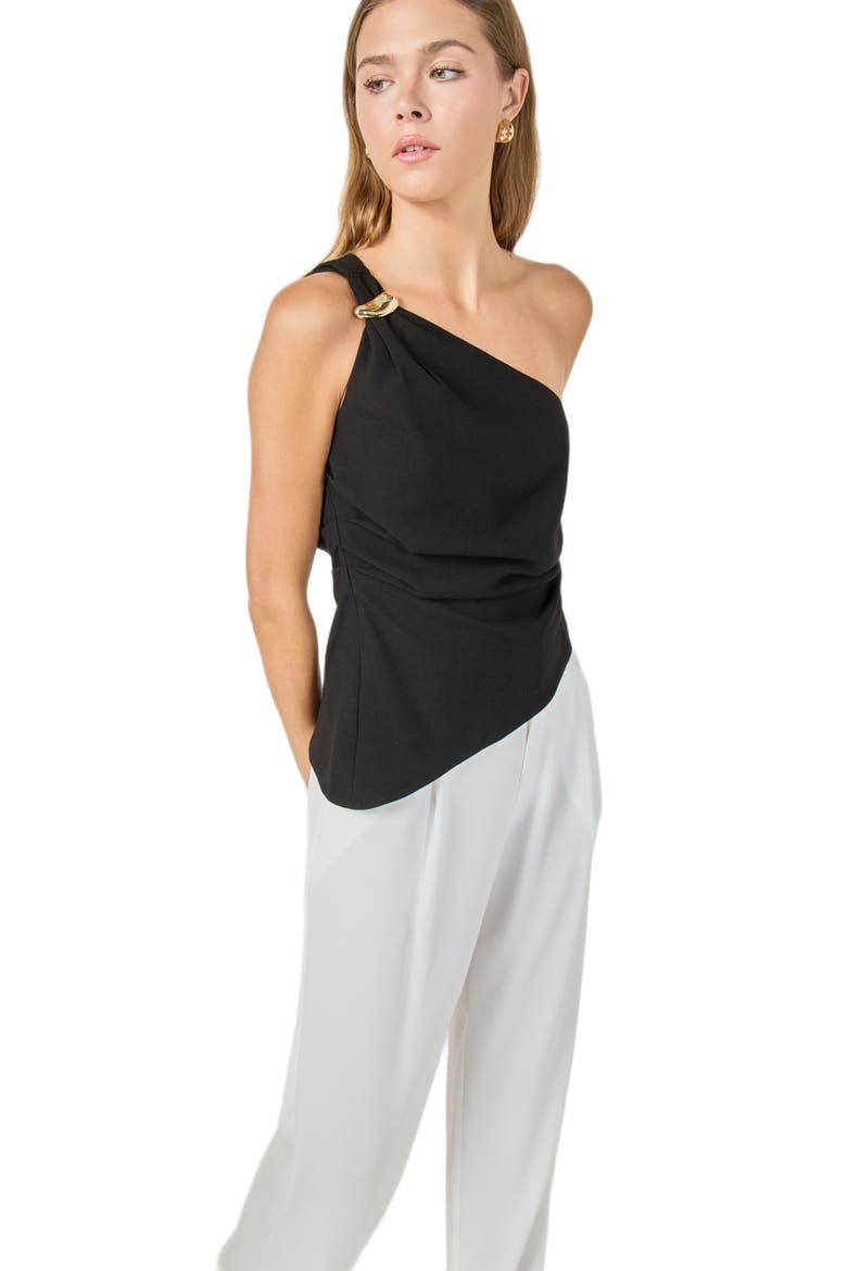 One Shoulder Ruched Asymmetric Hem Top, Alternate, color, BLACK