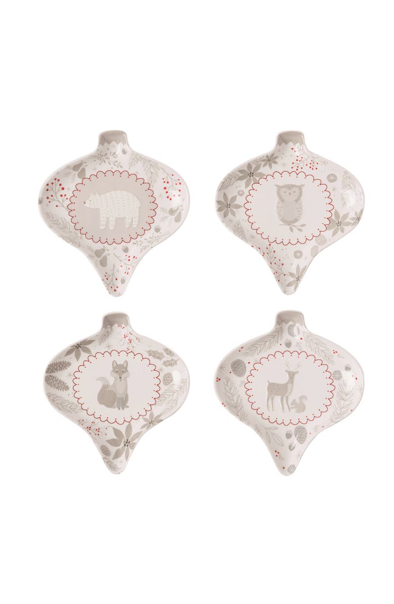 Transpac Woodland Sketch Ornament Shaped Dish Set of Christmas Decor, Main, color, White