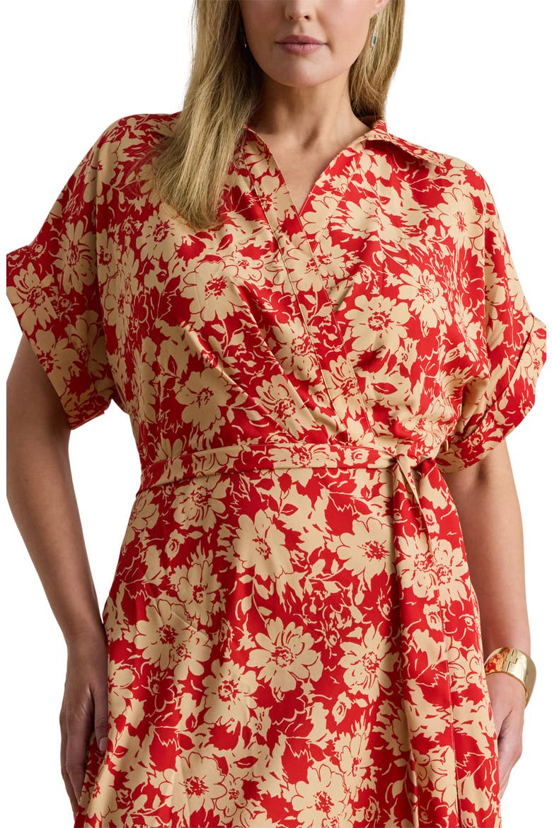 Floral Tie Waist Midi Dress, Alternate, color, RED/ BEIGE