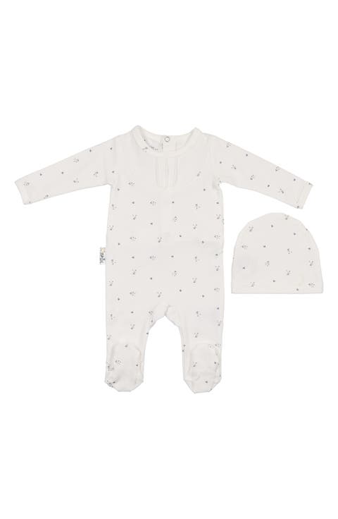 Leaves & Pleats Footie & Hat Set (Baby)