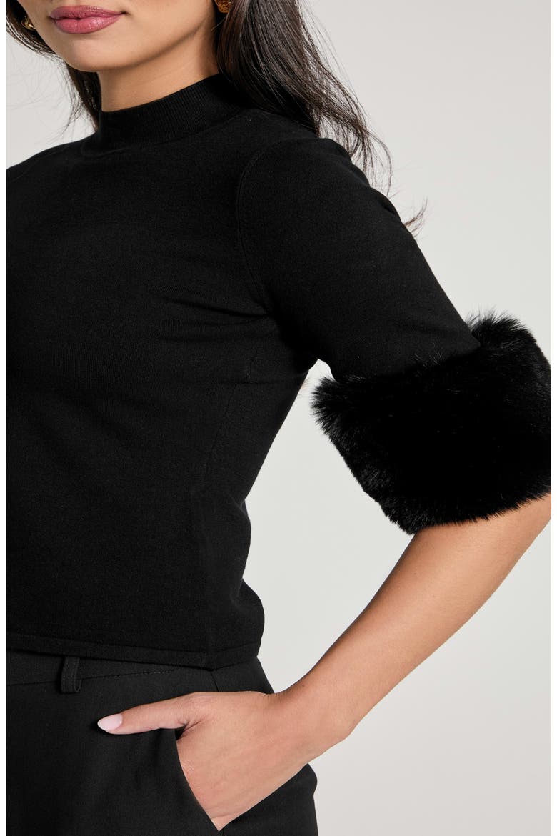 Faux Fur Cuff Festive Sweater, Alternate, color, JET BLACK-BLACK