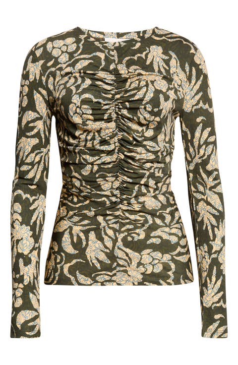 Asha Floral Center Ruched Knit Top