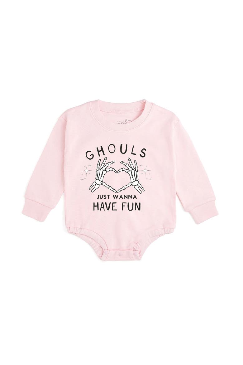 Ghouls Just Wanna Have Fun Halloween Long Sleeve Romper, Main, color, Ballet Pink