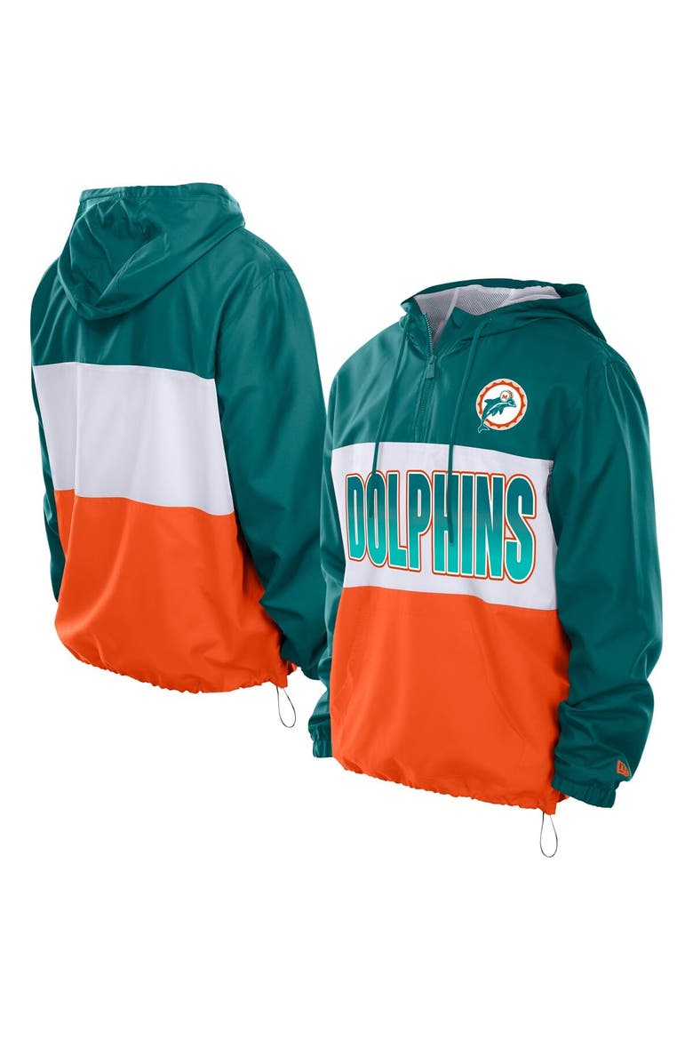Men's New Era Aqua Miami Dolphins Ripstop Quarter-Zip Hooded Windbreaker, Main, color, Aqua