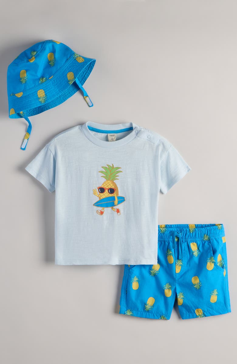 Tucker + Tate Graphic Print T-Shirt, Shorts & Bucket Hat Set, Main, color, Blue Pineapple- Blue Cool