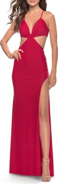 La Femme Jersey Prom Dress with Side Cut Outs and Tie Back