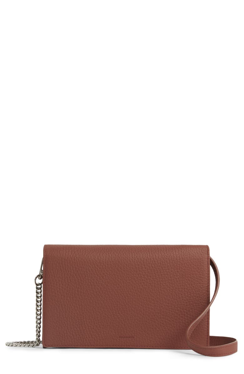 AllSaints Fetch Leather Chain Crossbody Wallet, Main, color,