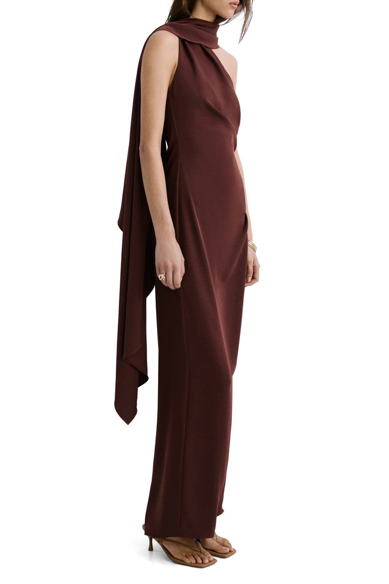 Scarf Neck One-Shoulder Dress, Main, color, BROWN