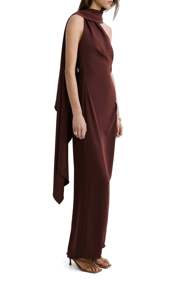 MANGO Scarf Neck One-Shoulder Dress, Main, color, Brown