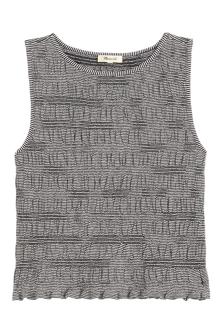 Smocked Bateau Neck Cotton & Linen Tank, Alternate, color, JET BLACK