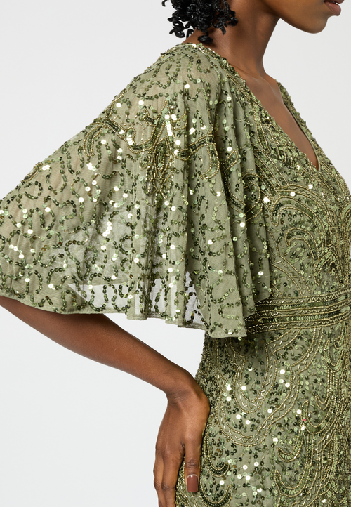 Beauut Embellished Sequin Beaded V Neck With Shor Sleeves Dress In Olive