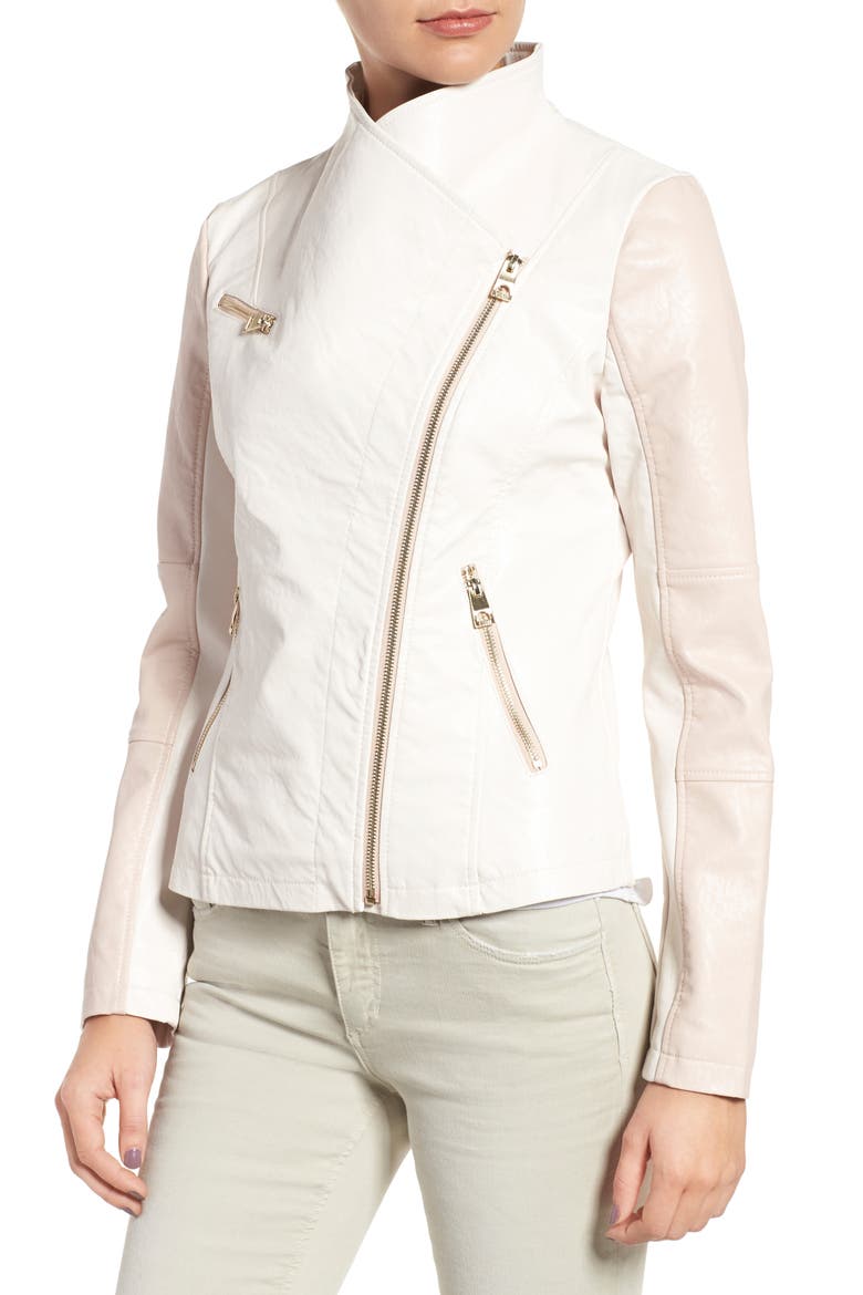 Asymmetrical Faux Leather Jacket, Alternate, color, BABY PINK/ WHITE
