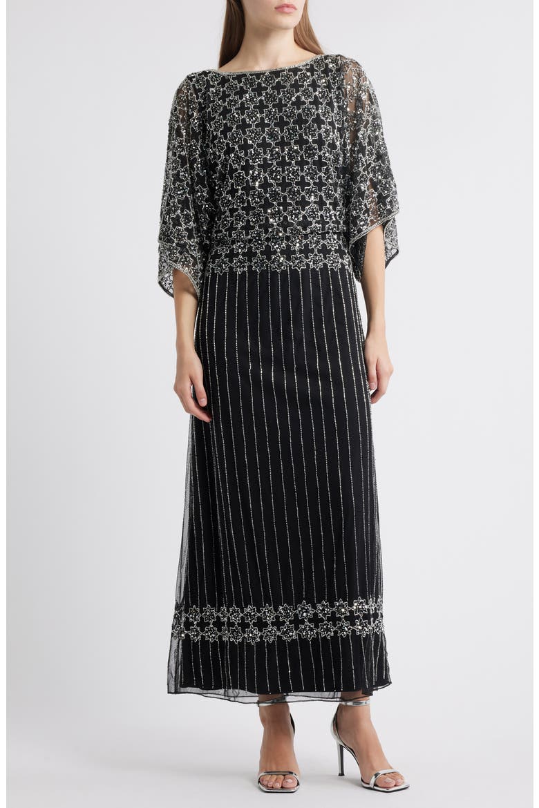 Beaded Mesh Gown, Main, color, BLACKSILVER 012