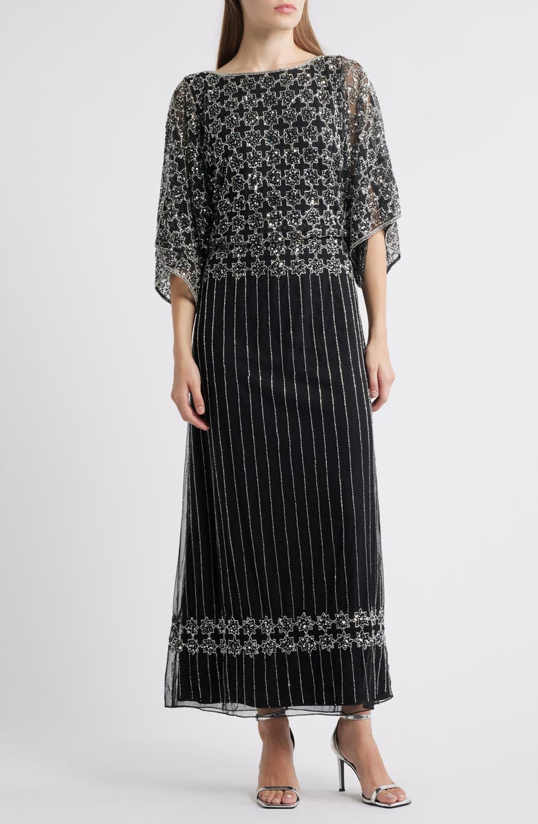 Pisarro Nights Beaded Mesh Gown, Main, color, Blacksilver 012